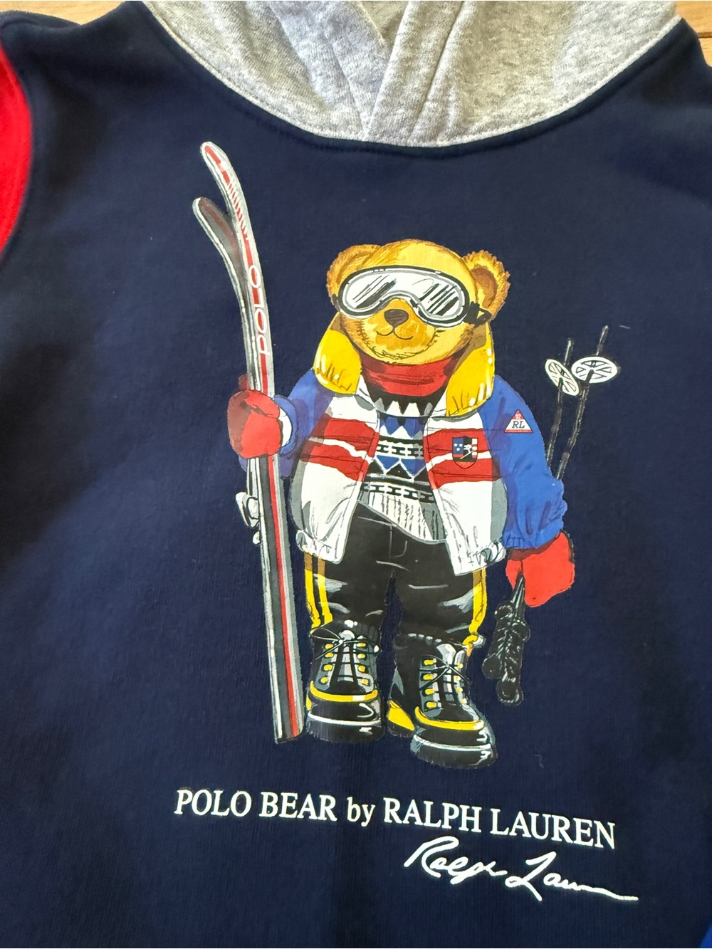 Polo by Ralph Lauren Navy Hoodie with Red and Blue Sleeves- Teddy bear - Picture 2 of 3